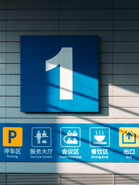 Facility amenities sign showing parking, service center, and dining